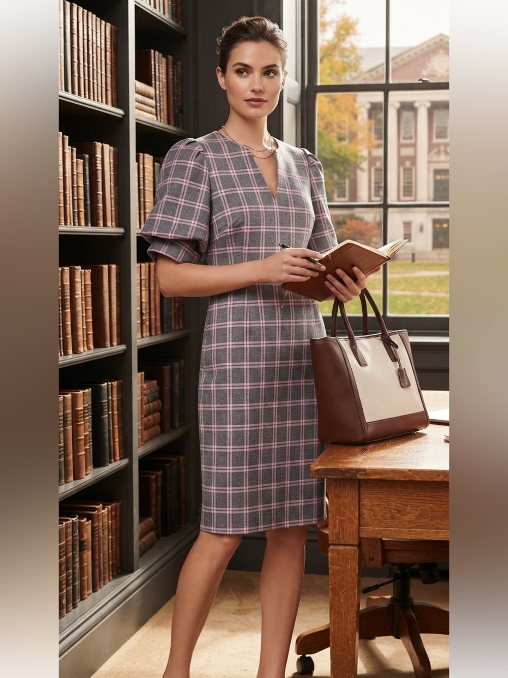 NY&Company Feminine Dark Academia Business Preppy‎ Plaid Puff Sleeve Dress SzM